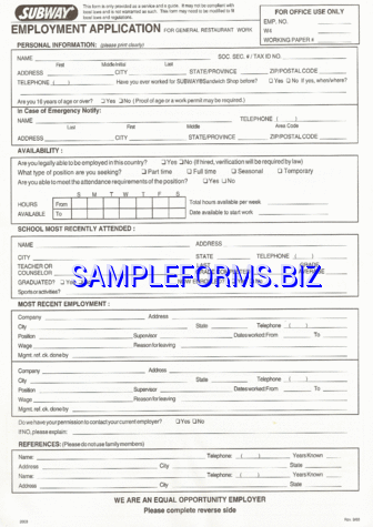 Subway Employment Form pdf free